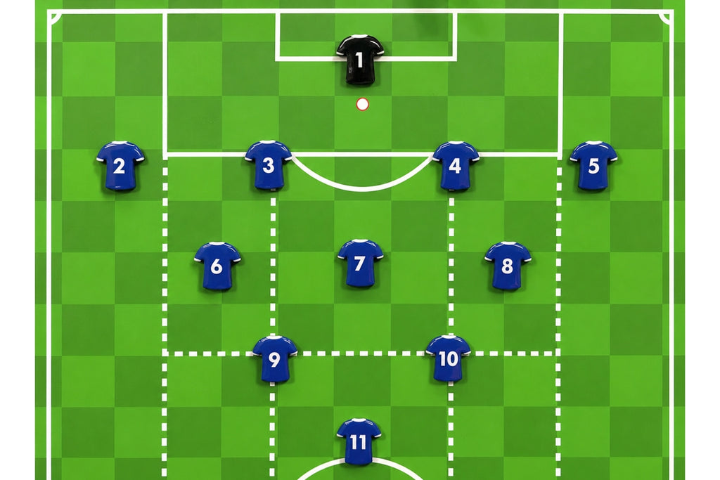 Blue team numbered shirt magnets with goalkeeper and football marker for tactics boards