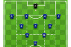 Blue team numbered shirt magnets with goalkeeper and football marker for tactics boards