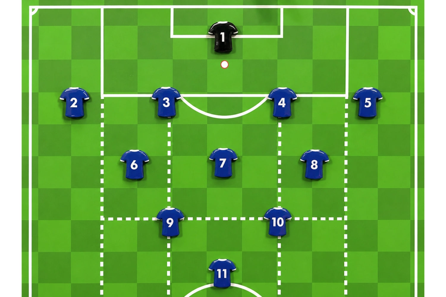 Blue team numbered shirt magnets with goalkeeper and football marker for tactics boards