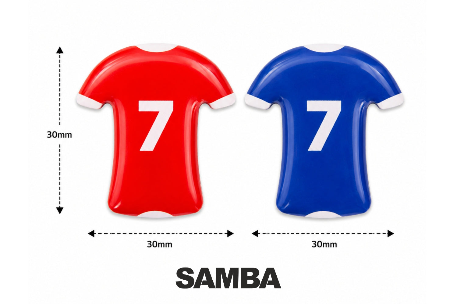 Close up of numbered football shirt magnet markers, 30mm by 30mm each