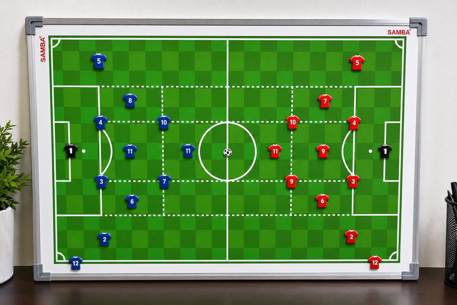 Red team shirt magnets with numbered markers and goalkeeper magnets for a coaching board