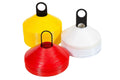 A yellow red and white cone with a black handle