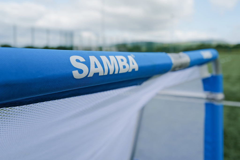Side angle showing the 60cm depth of the Samba folding aluminium goal
