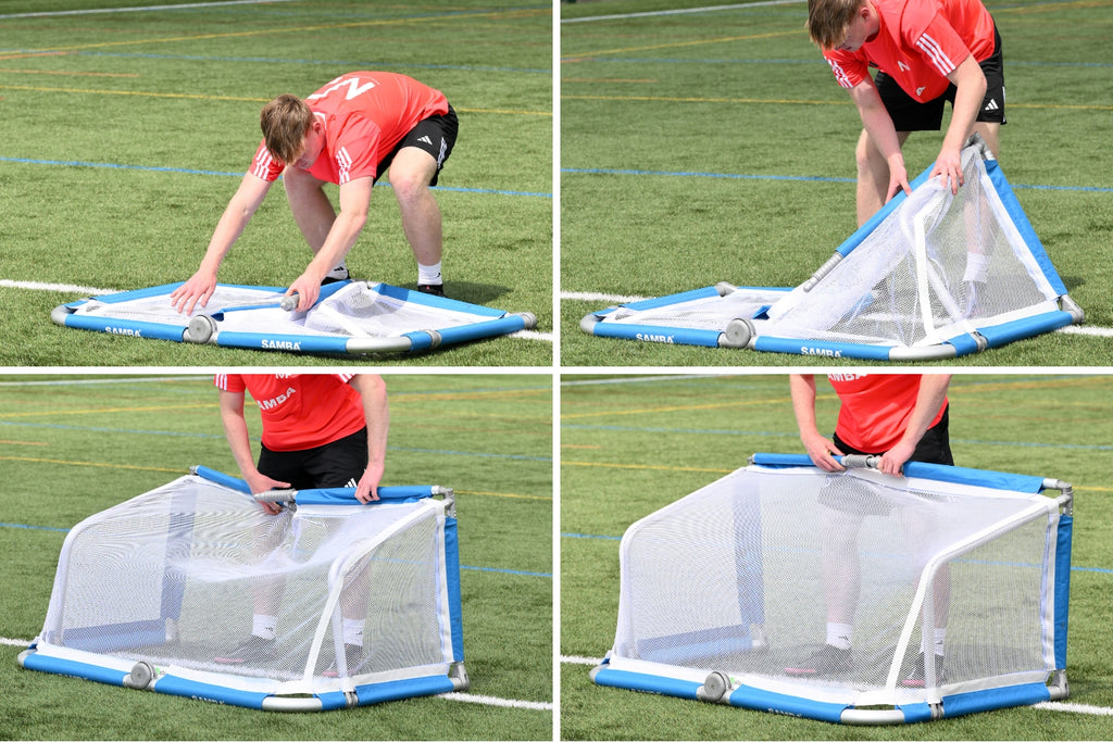 Samba 3v3 aluminium goal folded flat to 81cm x 70cm x 10cm for transport